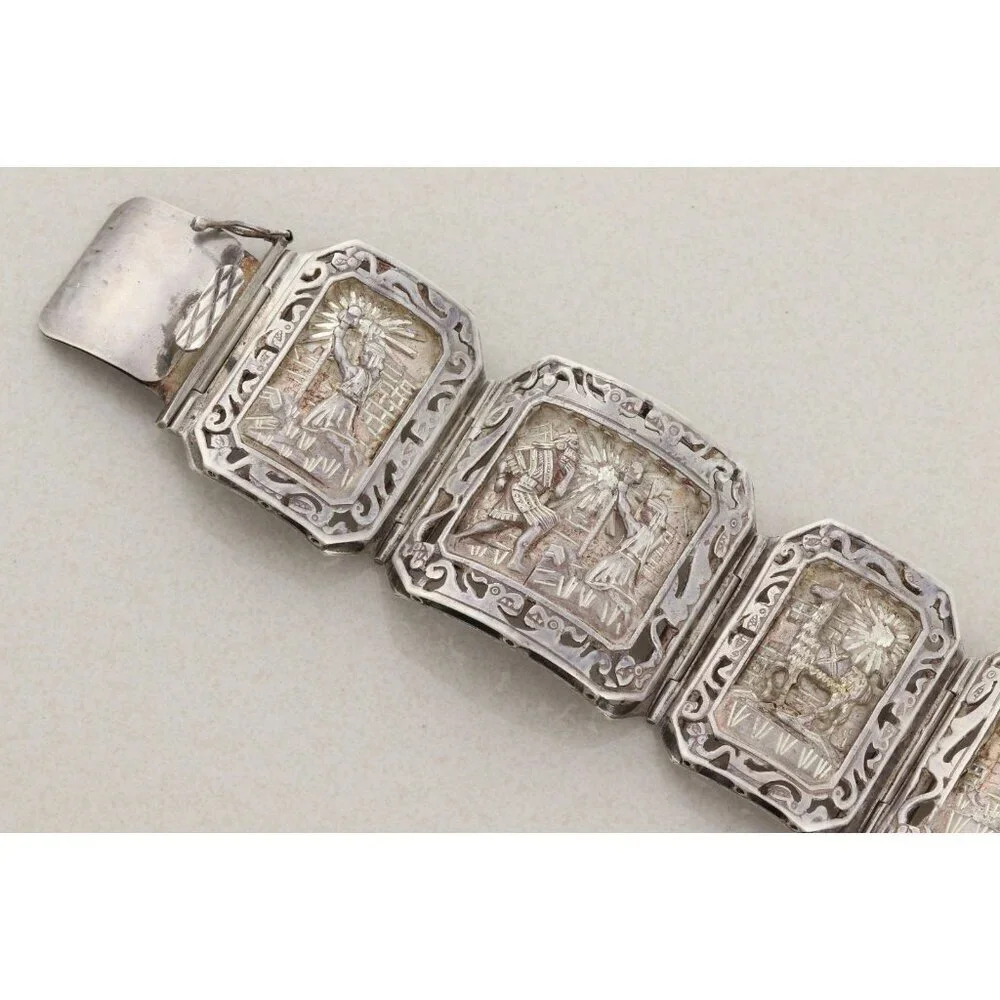 Sterling Silver Aztec Mayan Bracelet 6 3/4" inch - Picture 5 of 9